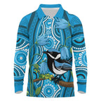 Australia Bluebell Creeper With Superb Blue Wren Long Sleeve Polo Shirt Aboriginal Art
