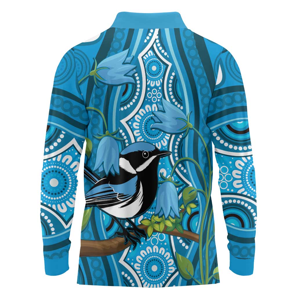 Australia Bluebell Creeper With Superb Blue Wren Long Sleeve Polo Shirt Aboriginal Art
