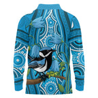 Australia Bluebell Creeper With Superb Blue Wren Long Sleeve Polo Shirt Aboriginal Art