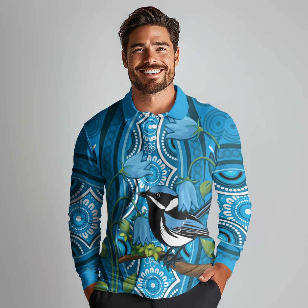 Australia Bluebell Creeper With Superb Blue Wren Long Sleeve Polo Shirt Aboriginal Art
