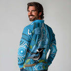 Australia Bluebell Creeper With Superb Blue Wren Long Sleeve Polo Shirt Aboriginal Art