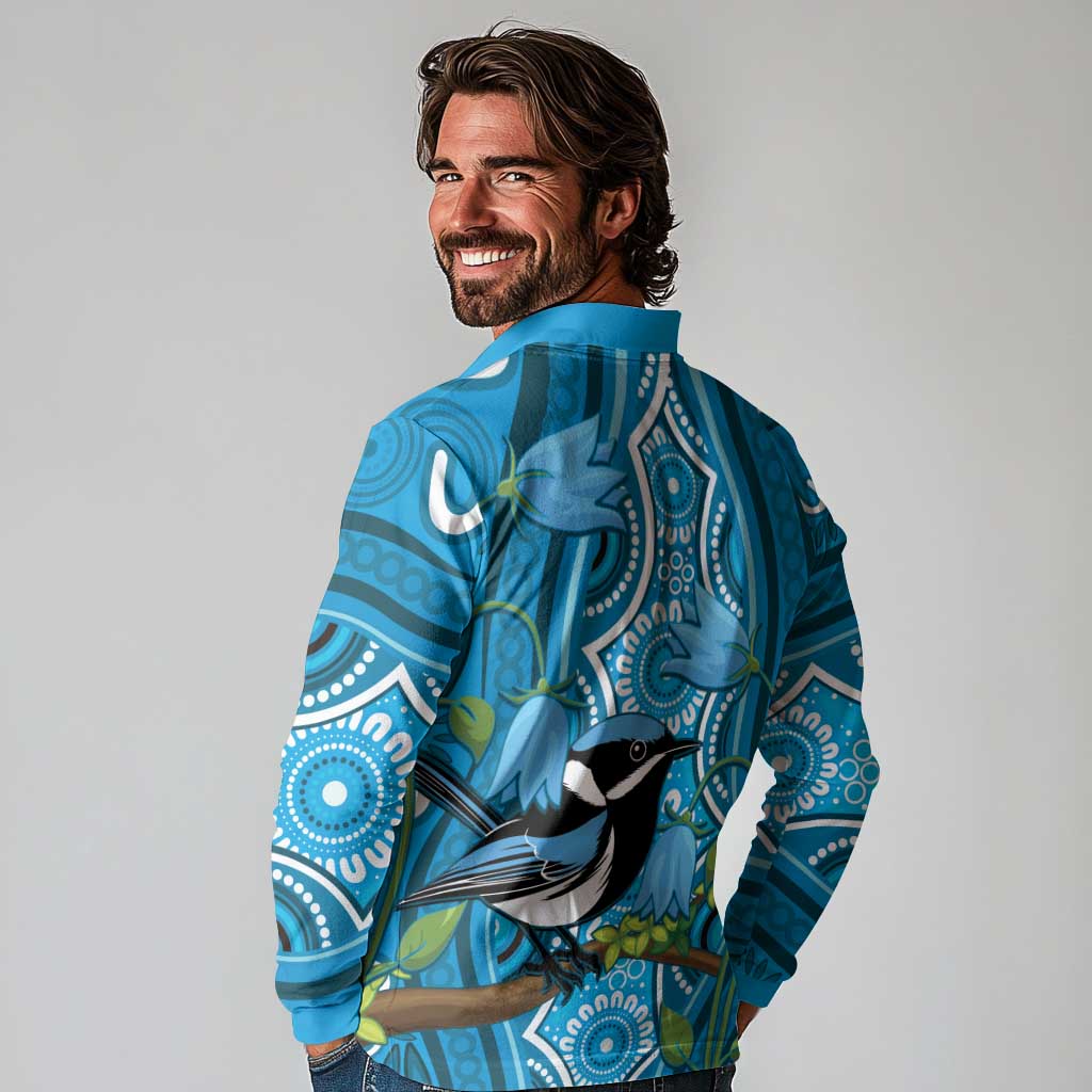 Australia Bluebell Creeper With Superb Blue Wren Long Sleeve Polo Shirt Aboriginal Art