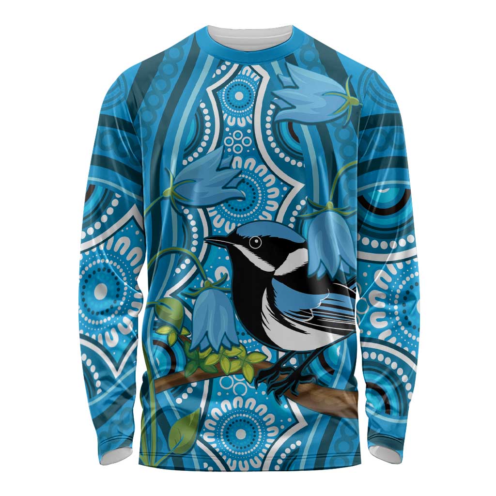 Australia Bluebell Creeper With Superb Blue Wren Long Sleeve Shirt Aboriginal Art