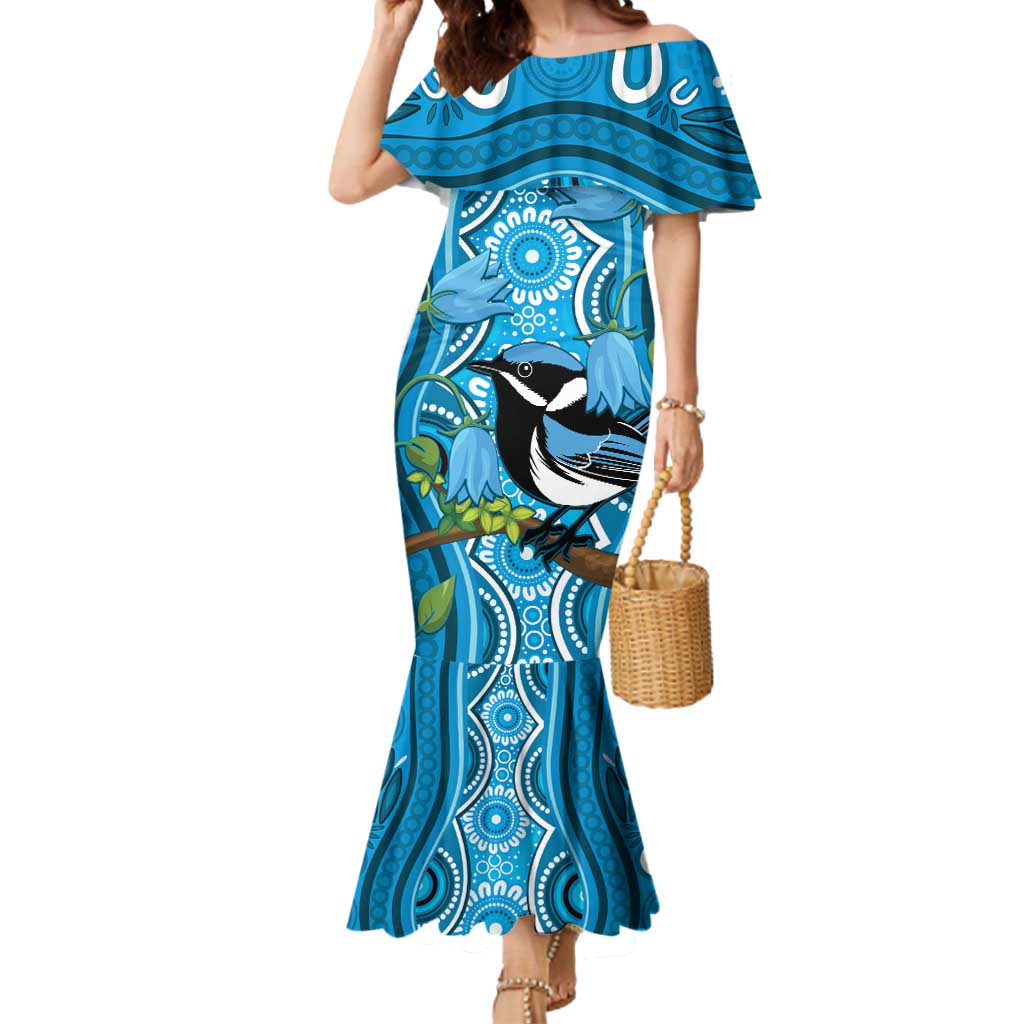 Australia Bluebell Creeper With Superb Blue Wren Mermaid Dress Aboriginal Art