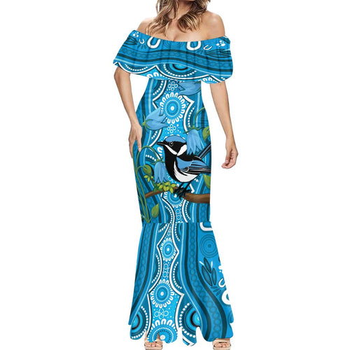 Australia Bluebell Creeper With Superb Blue Wren Mermaid Dress Aboriginal Art