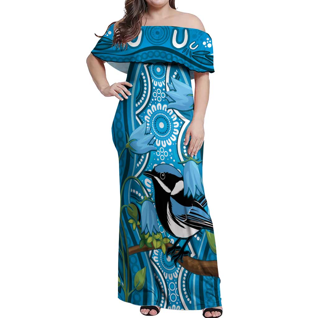 Australia Bluebell Creeper With Superb Blue Wren Off Shoulder Maxi Dress Aboriginal Art