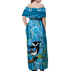 Australia Bluebell Creeper With Superb Blue Wren Off Shoulder Maxi Dress Aboriginal Art
