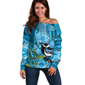 Australia Bluebell Creeper With Superb Blue Wren Off Shoulder Sweater Aboriginal Art
