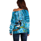 Australia Bluebell Creeper With Superb Blue Wren Off Shoulder Sweater Aboriginal Art