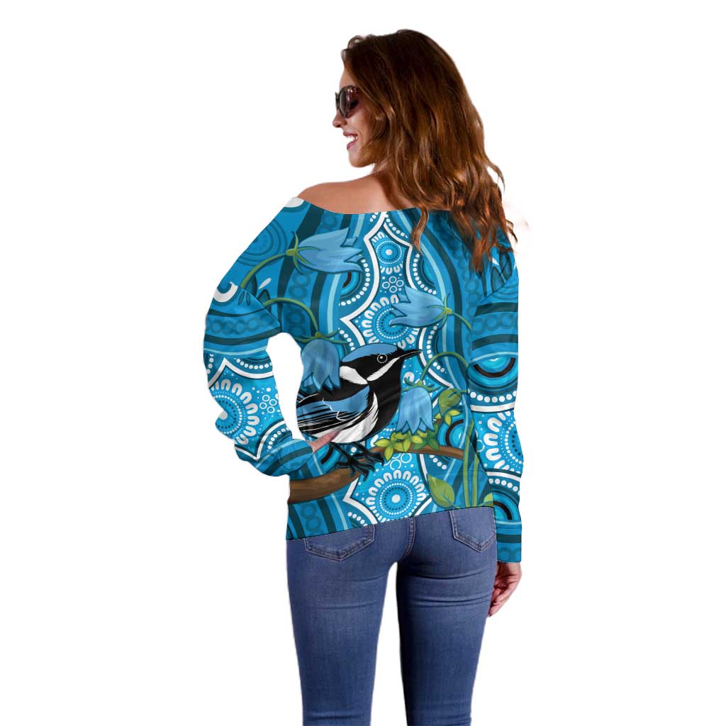 Australia Bluebell Creeper With Superb Blue Wren Off Shoulder Sweater Aboriginal Art