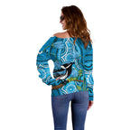 Australia Bluebell Creeper With Superb Blue Wren Off Shoulder Sweater Aboriginal Art
