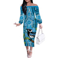 Australia Bluebell Creeper With Superb Blue Wren Off The Shoulder Long Sleeve Dress Aboriginal Art
