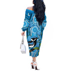 Australia Bluebell Creeper With Superb Blue Wren Off The Shoulder Long Sleeve Dress Aboriginal Art