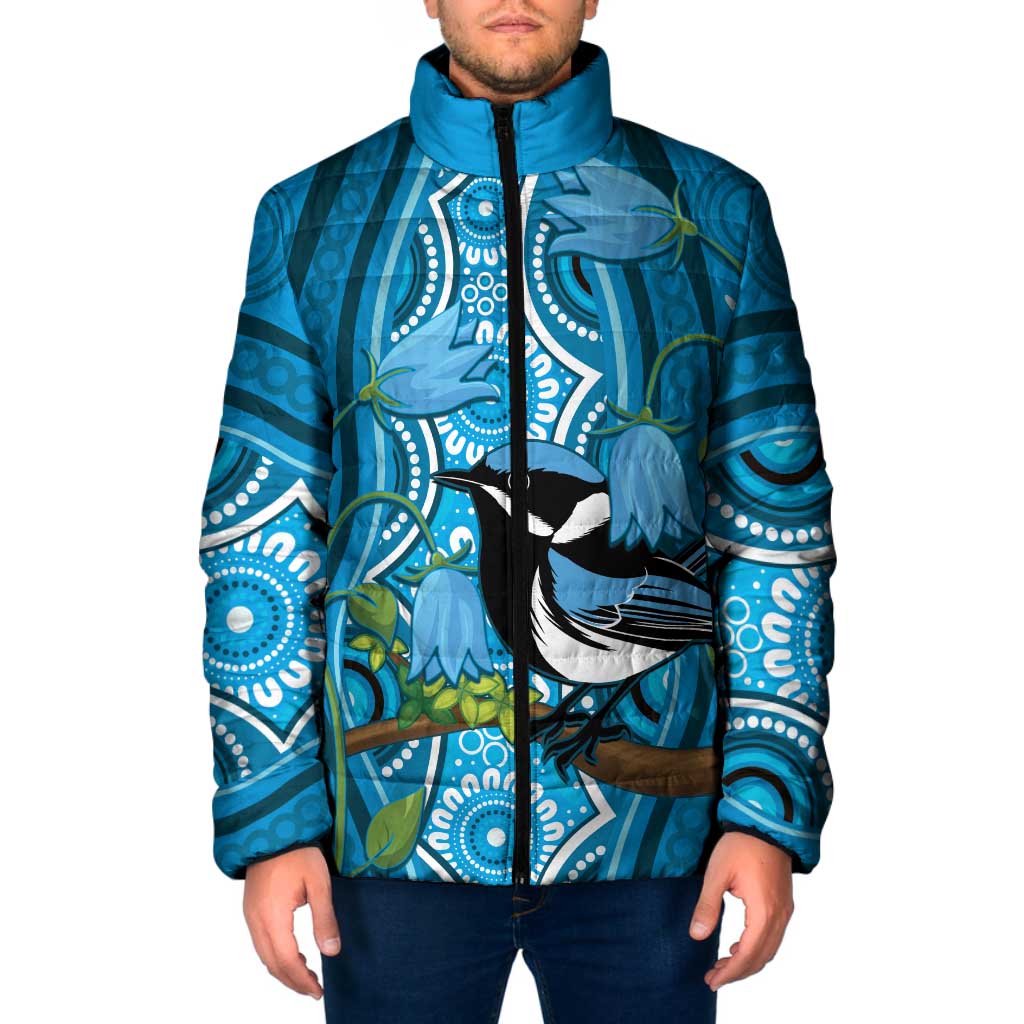 Australia Bluebell Creeper With Superb Blue Wren Padded Jacket Aboriginal Art - Aussie Hoodie