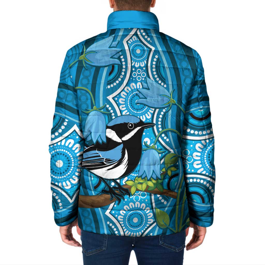 Australia Bluebell Creeper With Superb Blue Wren Padded Jacket Aboriginal Art - Aussie Hoodie