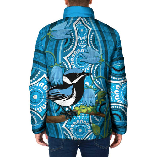 Australia Bluebell Creeper With Superb Blue Wren Padded Jacket Aboriginal Art - Aussie Hoodie