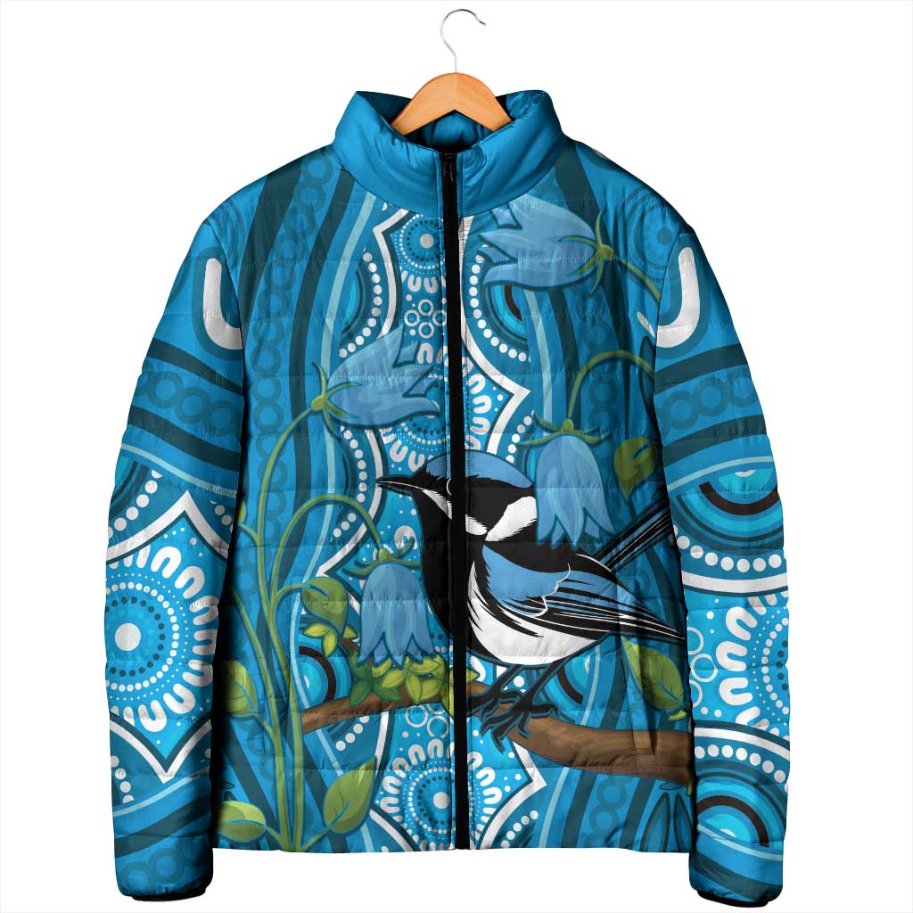 Australia Bluebell Creeper With Superb Blue Wren Padded Jacket Aboriginal Art - Aussie Hoodie
