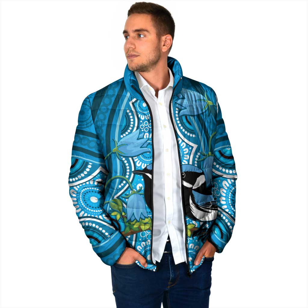 Australia Bluebell Creeper With Superb Blue Wren Padded Jacket Aboriginal Art - Aussie Hoodie
