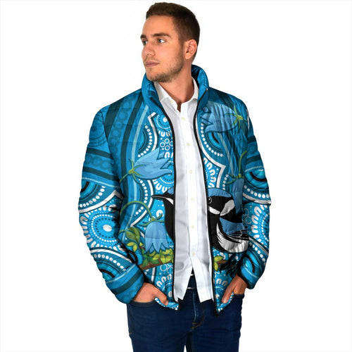 Australia Bluebell Creeper With Superb Blue Wren Padded Jacket Aboriginal Art - Aussie Hoodie