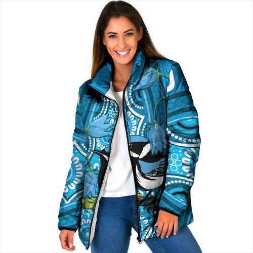 Australia Bluebell Creeper With Superb Blue Wren Padded Jacket Aboriginal Art - Aussie Hoodie