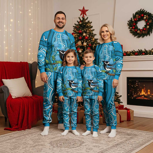 Australia Bluebell Creeper With Superb Blue Wren Christmas Pajama Set Aboriginal Art - Aussie Hoodie