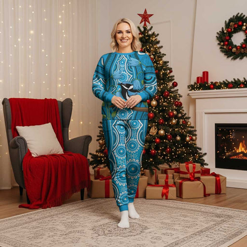 Australia Bluebell Creeper With Superb Blue Wren Christmas Pajama Set Aboriginal Art - Aussie Hoodie