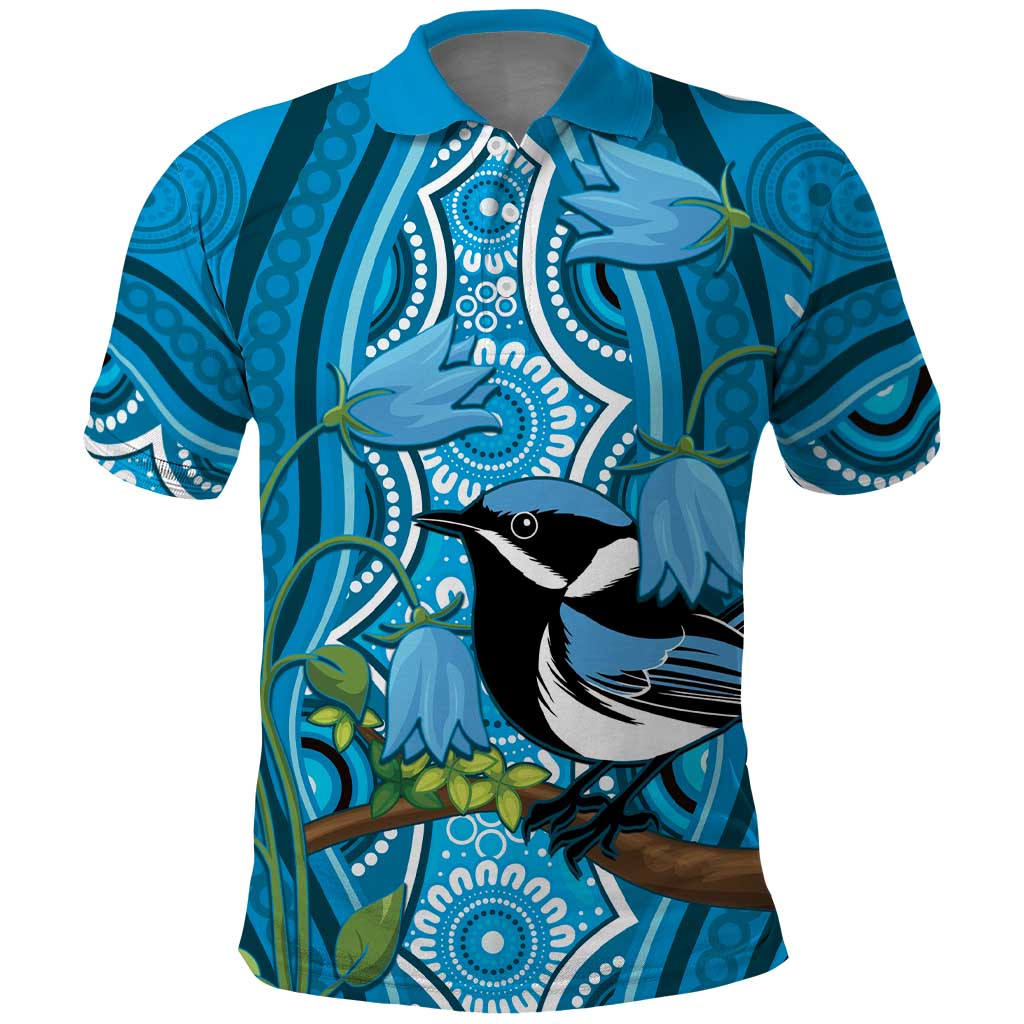Australia Bluebell Creeper With Superb Blue Wren Polo Shirt Aboriginal Art