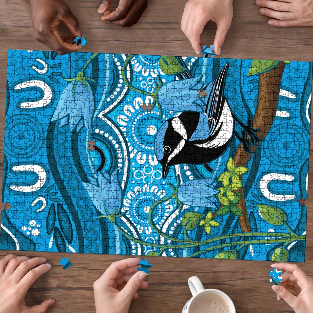 Australia Bluebell Creeper With Superb Blue Wren Puzzle Aboriginal Art - Aussie Hoodie