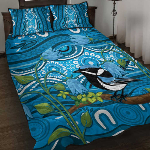 Australia Bluebell Creeper With Superb Blue Wren Quilt Bed Set Aboriginal Art