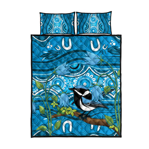 Australia Bluebell Creeper With Superb Blue Wren Quilt Bed Set Aboriginal Art