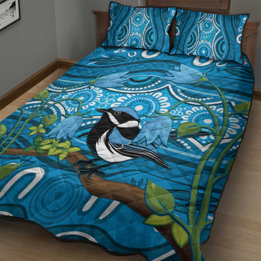 Australia Bluebell Creeper With Superb Blue Wren Quilt Bed Set Aboriginal Art