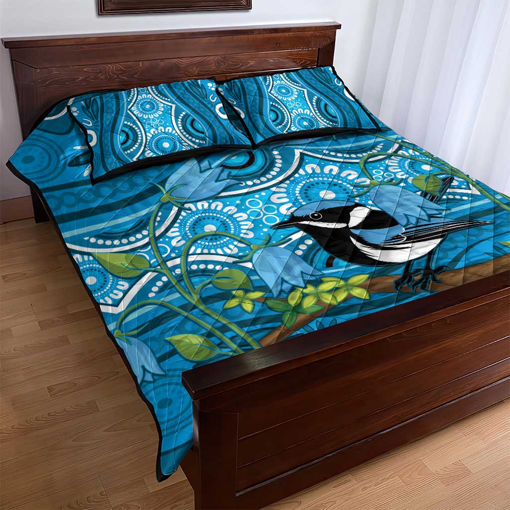 Australia Bluebell Creeper With Superb Blue Wren Quilt Bed Set Aboriginal Art