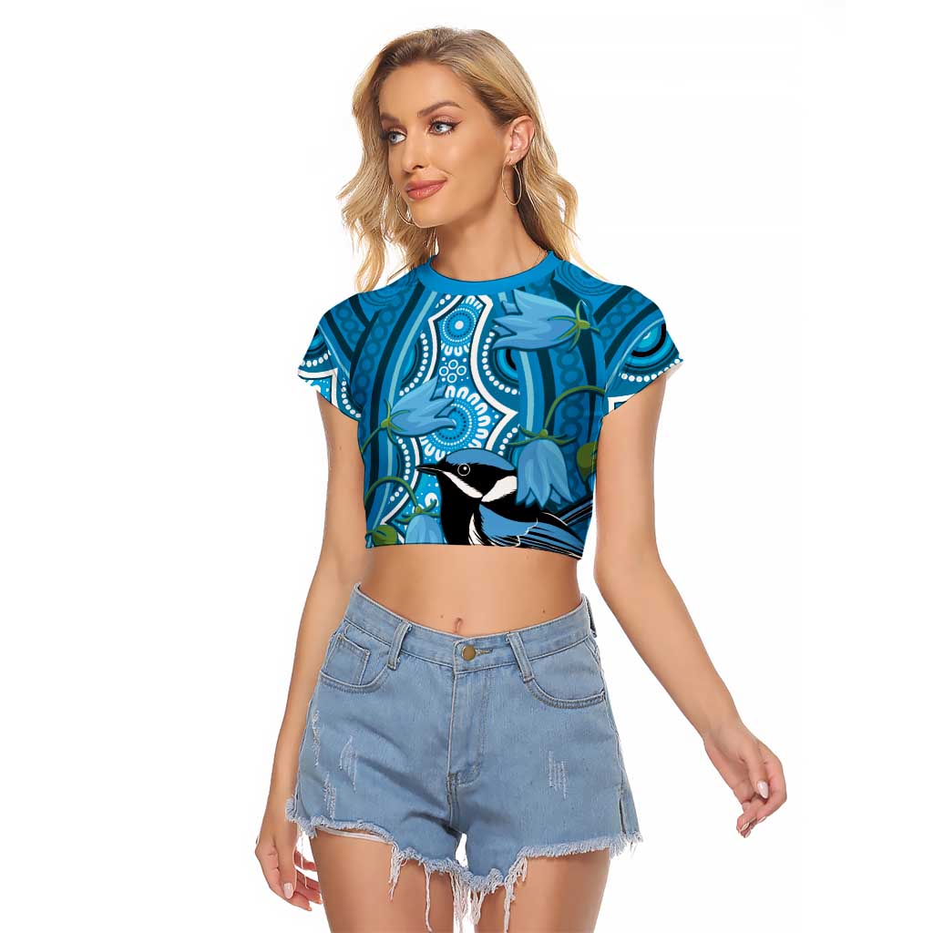 Australia Bluebell Creeper With Superb Blue Wren Raglan Cropped T Shirt Aboriginal Art
