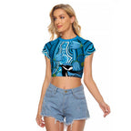 Australia Bluebell Creeper With Superb Blue Wren Raglan Cropped T Shirt Aboriginal Art