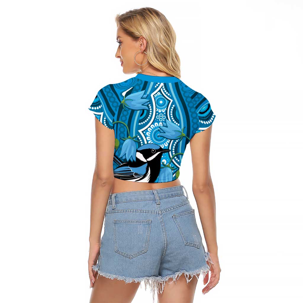 Australia Bluebell Creeper With Superb Blue Wren Raglan Cropped T Shirt Aboriginal Art