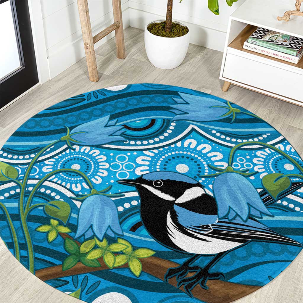 Australia Bluebell Creeper With Superb Blue Wren Round Carpet Aboriginal Art