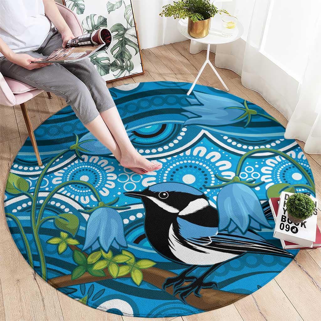 Australia Bluebell Creeper With Superb Blue Wren Round Carpet Aboriginal Art