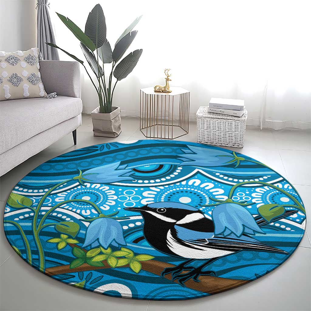 Australia Bluebell Creeper With Superb Blue Wren Round Carpet Aboriginal Art
