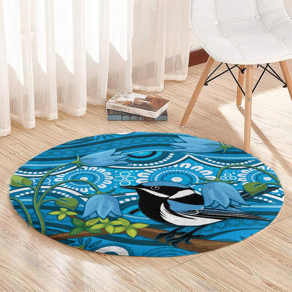 Australia Bluebell Creeper With Superb Blue Wren Round Carpet Aboriginal Art