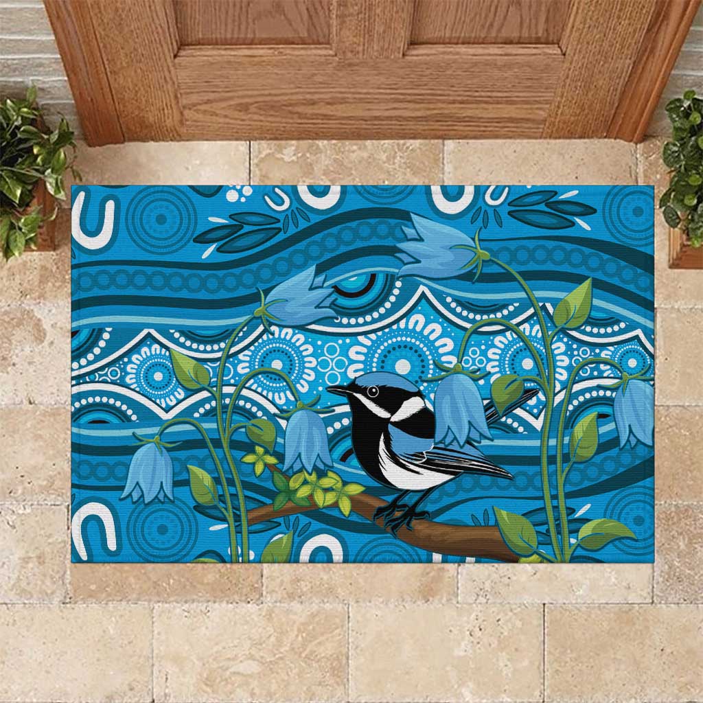 Australia Bluebell Creeper With Superb Blue Wren Rubber Doormat Aboriginal Art