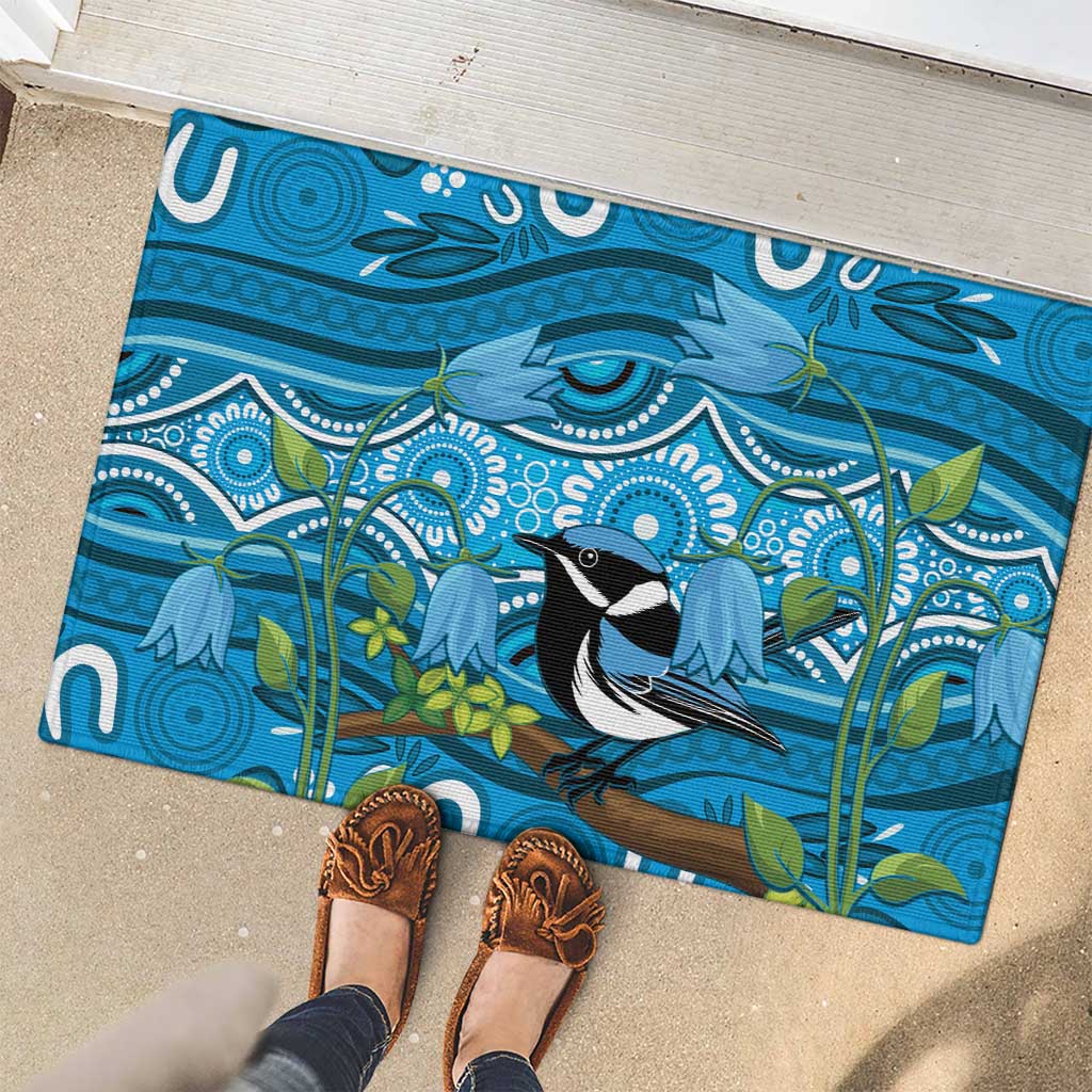 Australia Bluebell Creeper With Superb Blue Wren Rubber Doormat Aboriginal Art