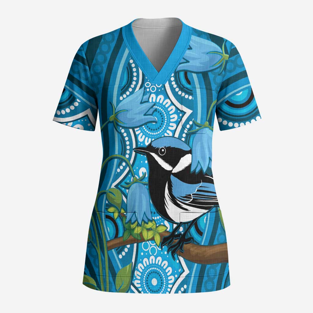 Australia Bluebell Creeper With Superb Blue Wren Scrub Top Aboriginal Art - Aussie Hoodie