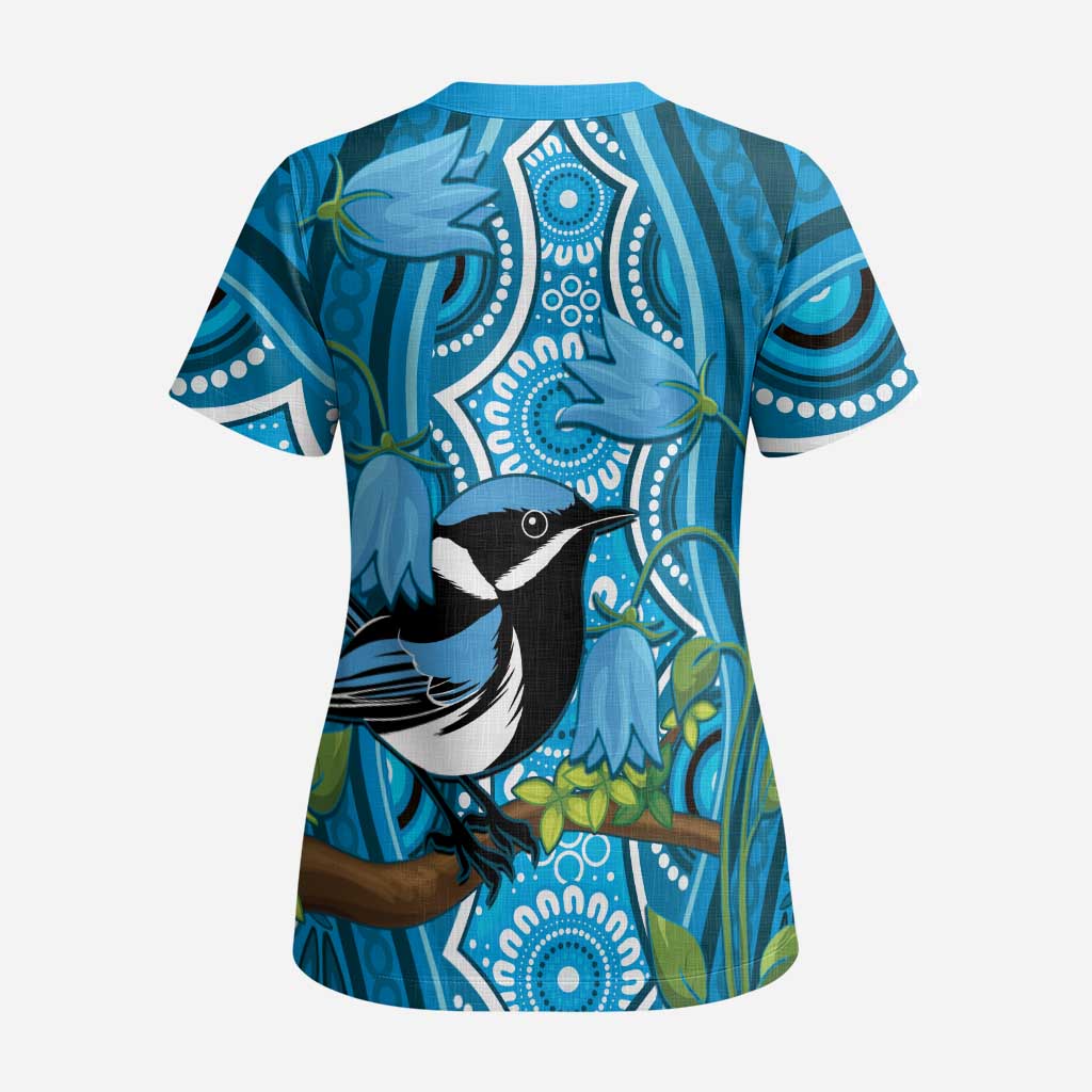 Australia Bluebell Creeper With Superb Blue Wren Scrub Top Aboriginal Art - Aussie Hoodie