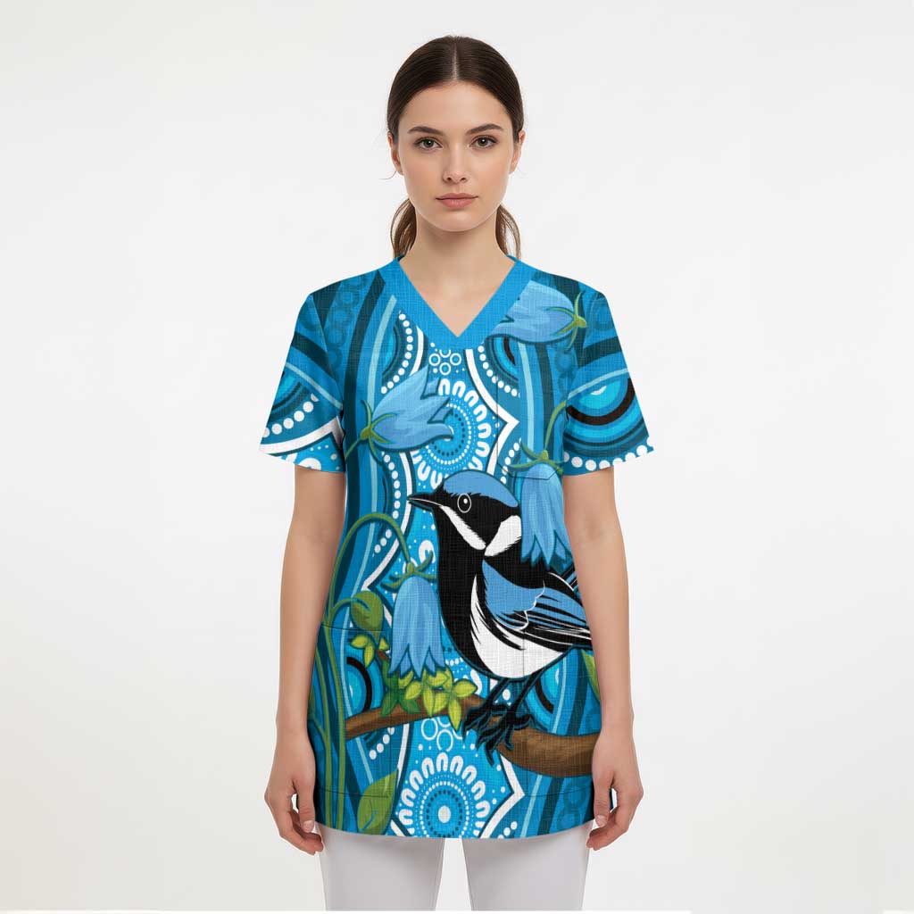 Australia Bluebell Creeper With Superb Blue Wren Scrub Top Aboriginal Art - Aussie Hoodie