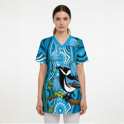 Australia Bluebell Creeper With Superb Blue Wren Scrub Top Aboriginal Art - Aussie Hoodie