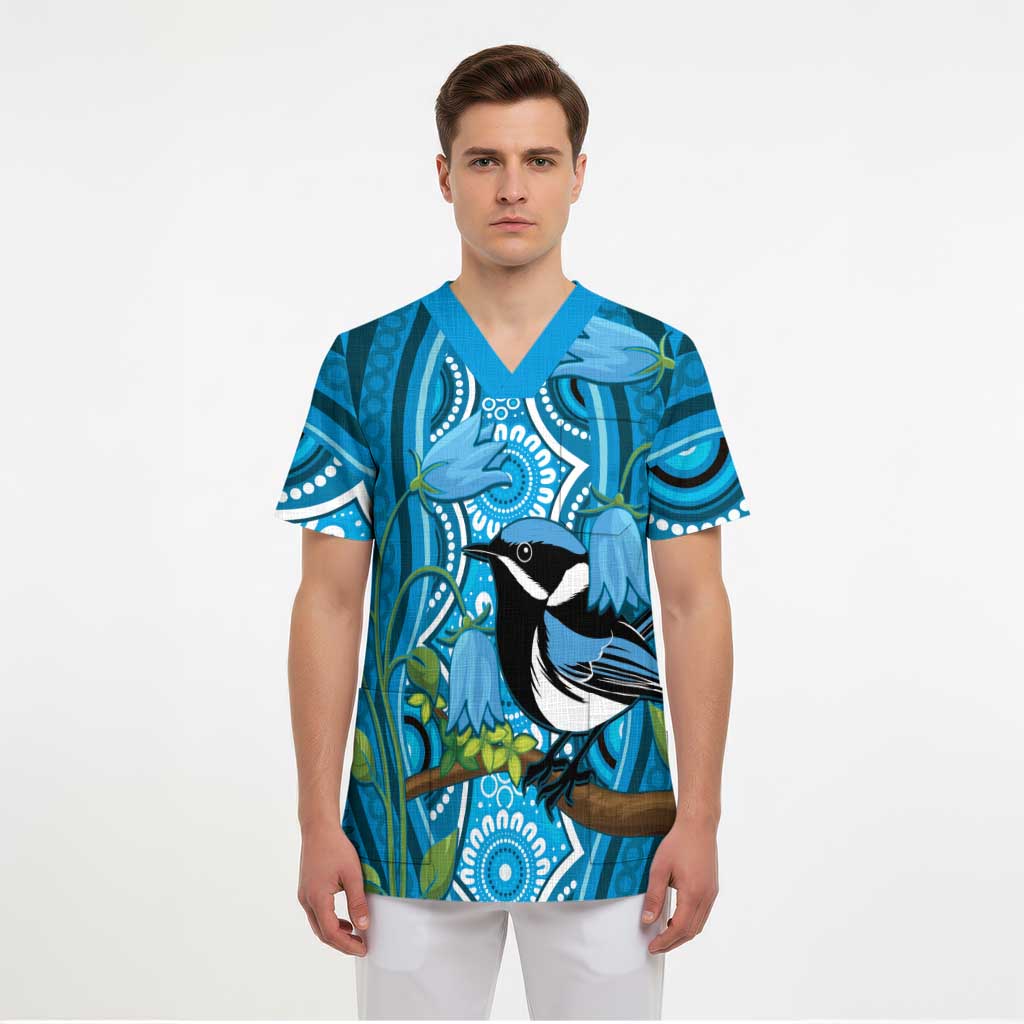 Australia Bluebell Creeper With Superb Blue Wren Scrub Top Aboriginal Art - Aussie Hoodie