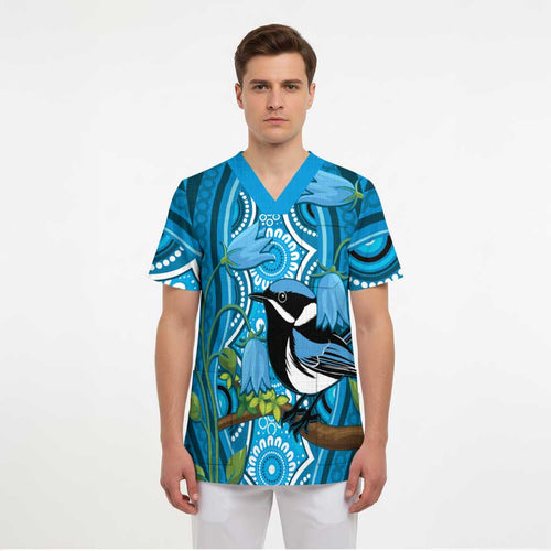 Australia Bluebell Creeper With Superb Blue Wren Scrub Top Aboriginal Art - Aussie Hoodie