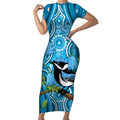Australia Bluebell Creeper With Superb Blue Wren Short Sleeve Bodycon Dress Aboriginal Art