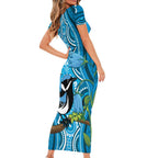Australia Bluebell Creeper With Superb Blue Wren Short Sleeve Bodycon Dress Aboriginal Art