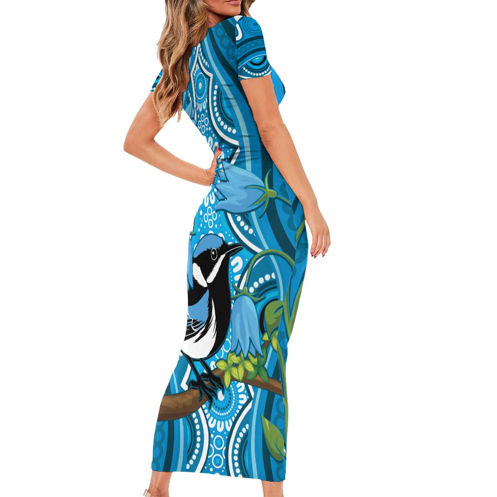 Australia Bluebell Creeper With Superb Blue Wren Short Sleeve Bodycon Dress Aboriginal Art
